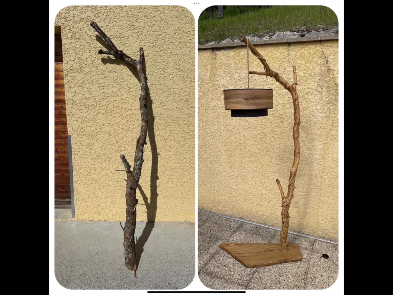 Avant / Après la création d’une lampe en bois de prunier et pied en chêne