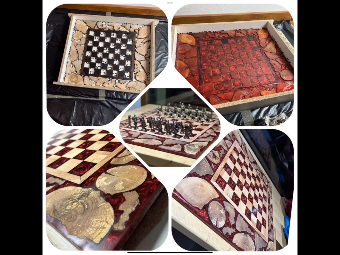 Création d’échiquiers en tranches de bûches de bois et en résine époxy