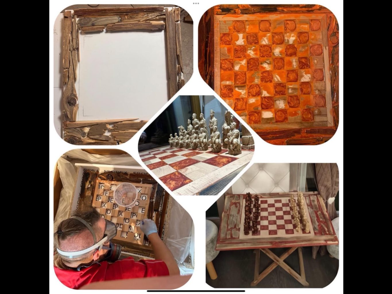 Création d’échiquiers en tranches de bûches de bois et en résine époxy