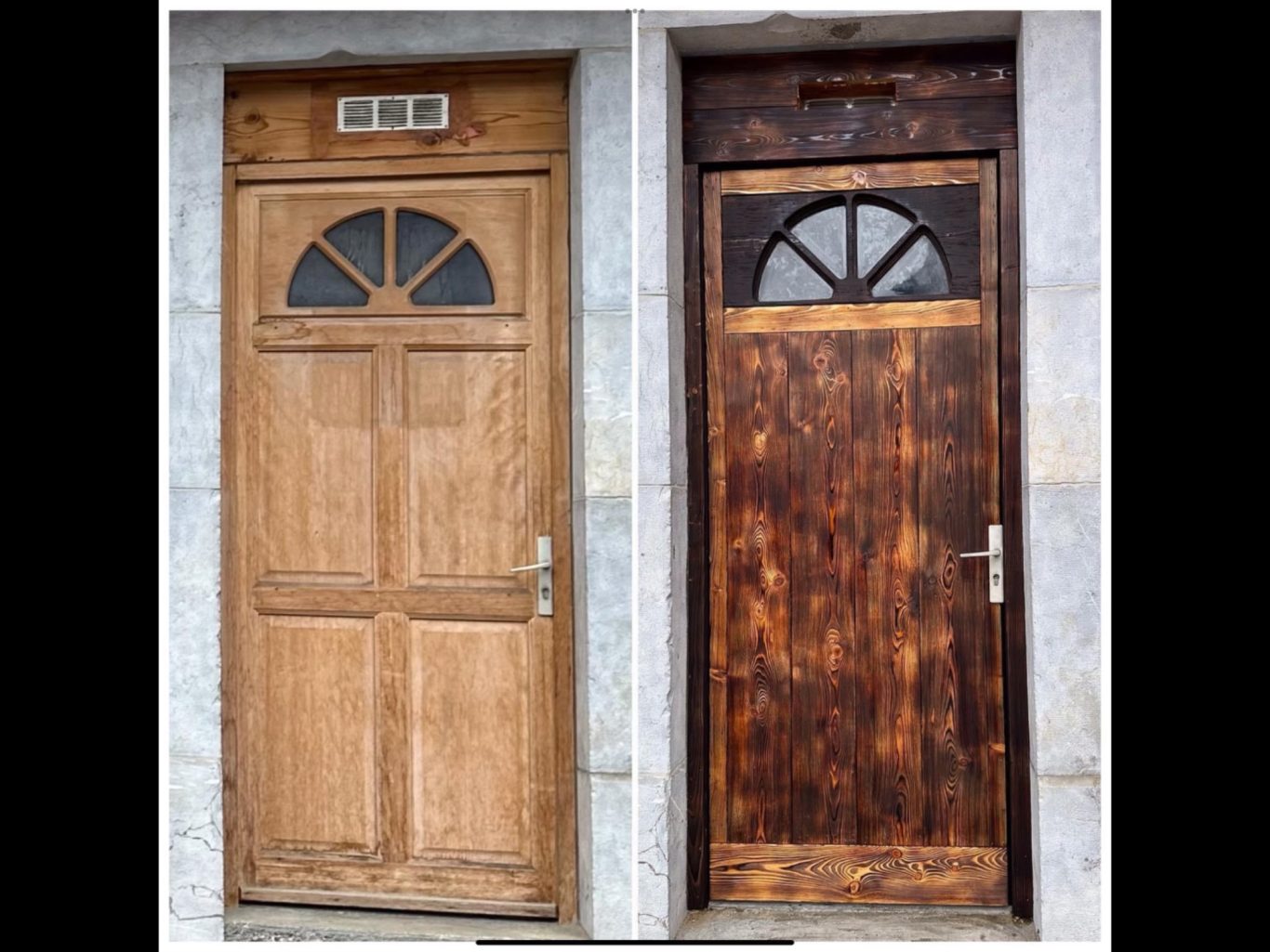 Avant / Après l’habillage d’une porte extérieur en bois brulé
