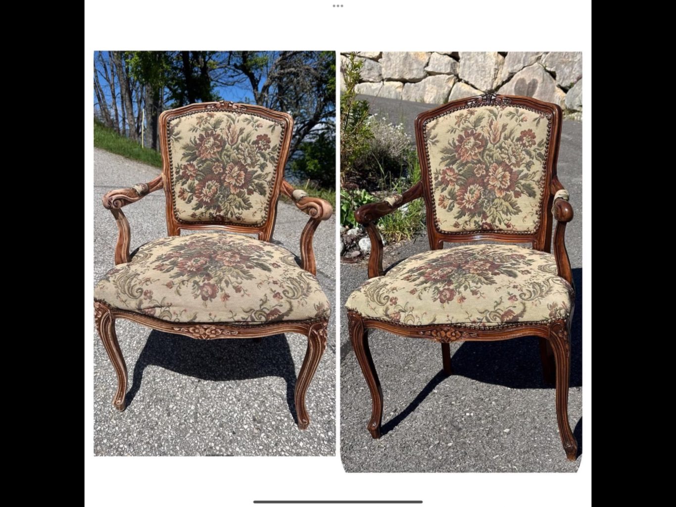 Avant / Après la réparation de l’accoudoir et vernissage d’un fauteuil de style Louis XVI