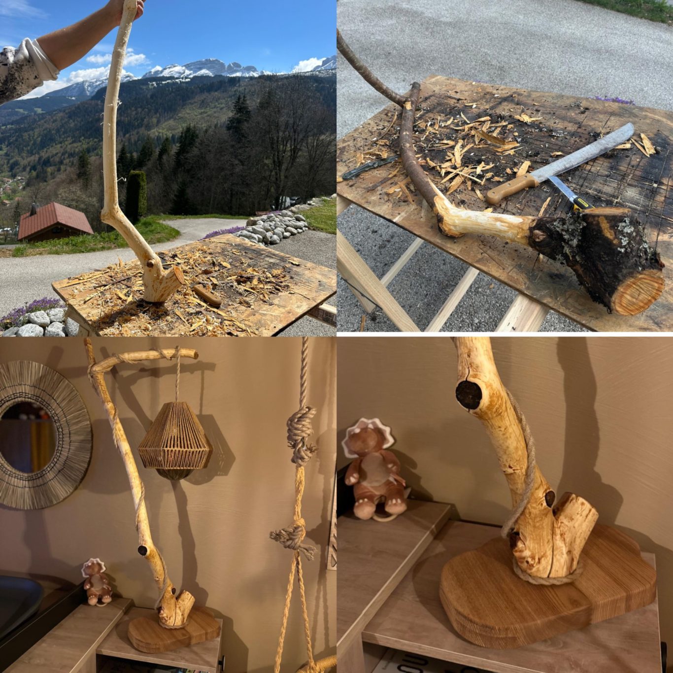 Avant / Après la fabrication d’une lampe pour enfant en branche de prunier