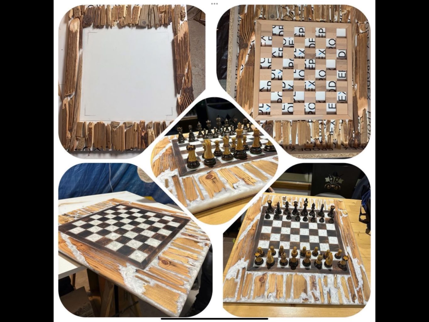 Création d’échiquiers en tranches de bûches de bois et en résine époxy