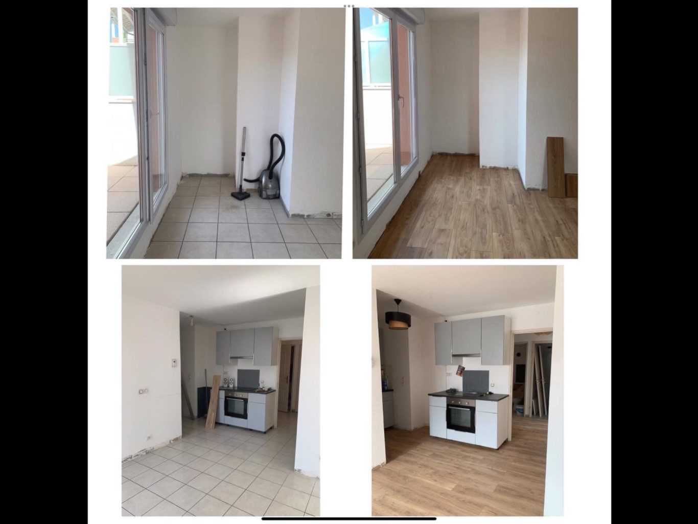 Avant / Après la pose de parquet dans une cuisine, salon, salle à manger