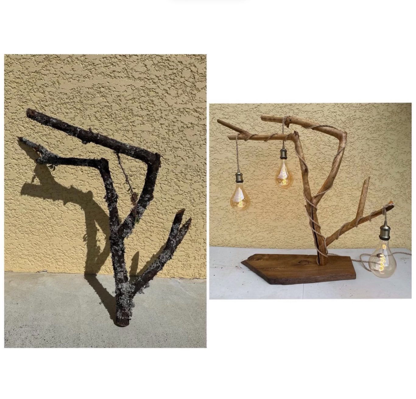 Avant / Après la création d’une lampe trois ampoules en branche de prunier et socle en chêne