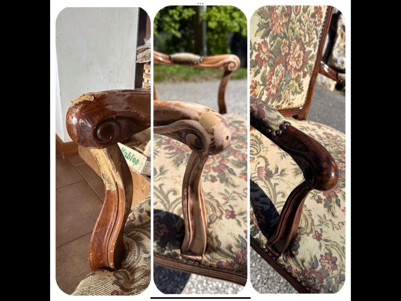 Avant / Après la réparation de l’accoudoir et vernissage d’un fauteuil de style Louis XVI